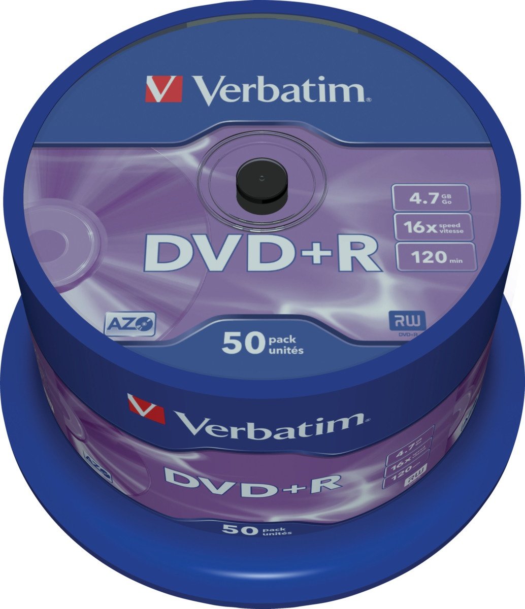Verbatim DVD+R, 16x, 4,7GB/120min, 50-pack spindel, AZO. Levere