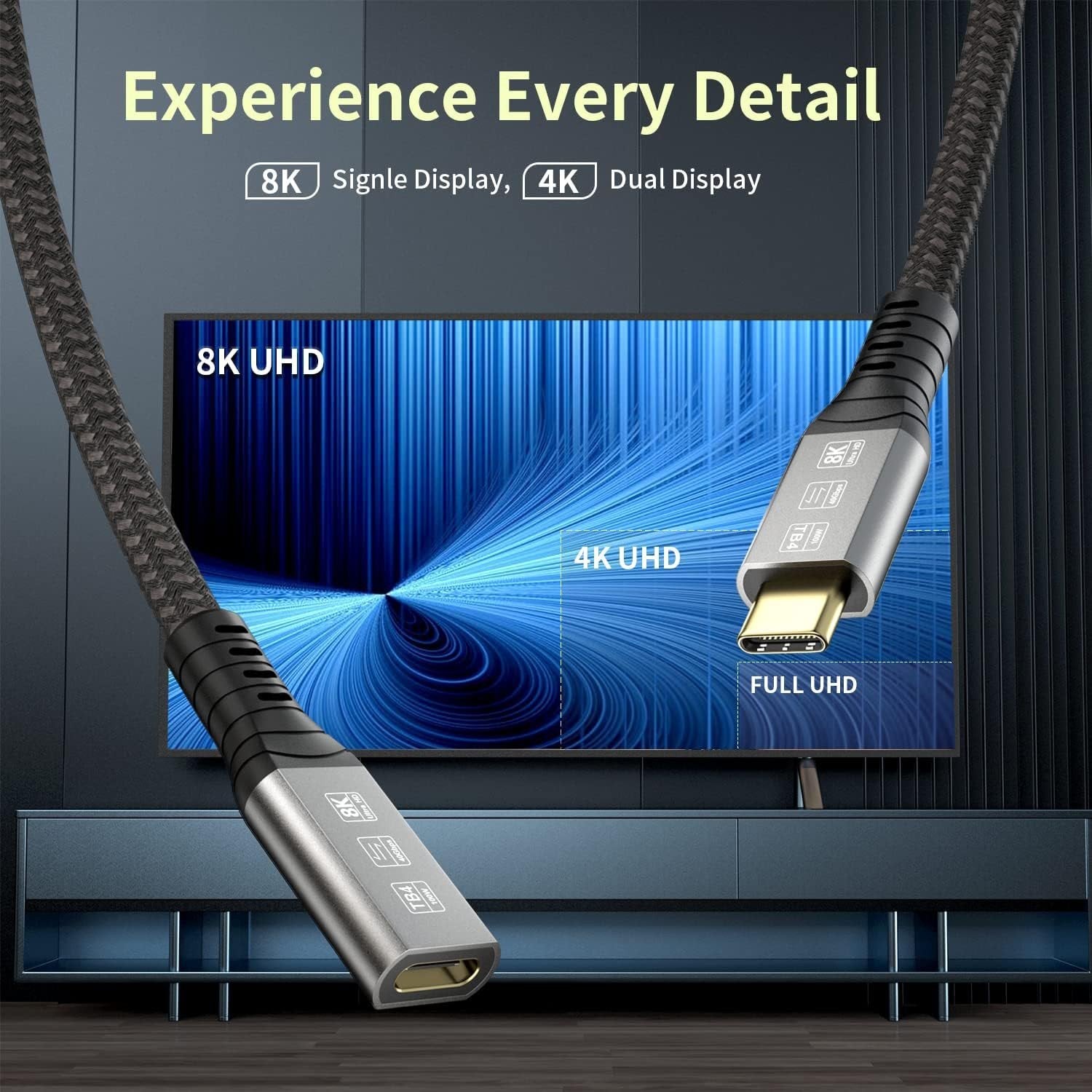 NÖRDIC 0,8m Thunderbolt 4 forlængerkabel, USB-C han til hun, 100W hurtig opladning, 40Gbps, 8K 60Hz Hot på udsalg