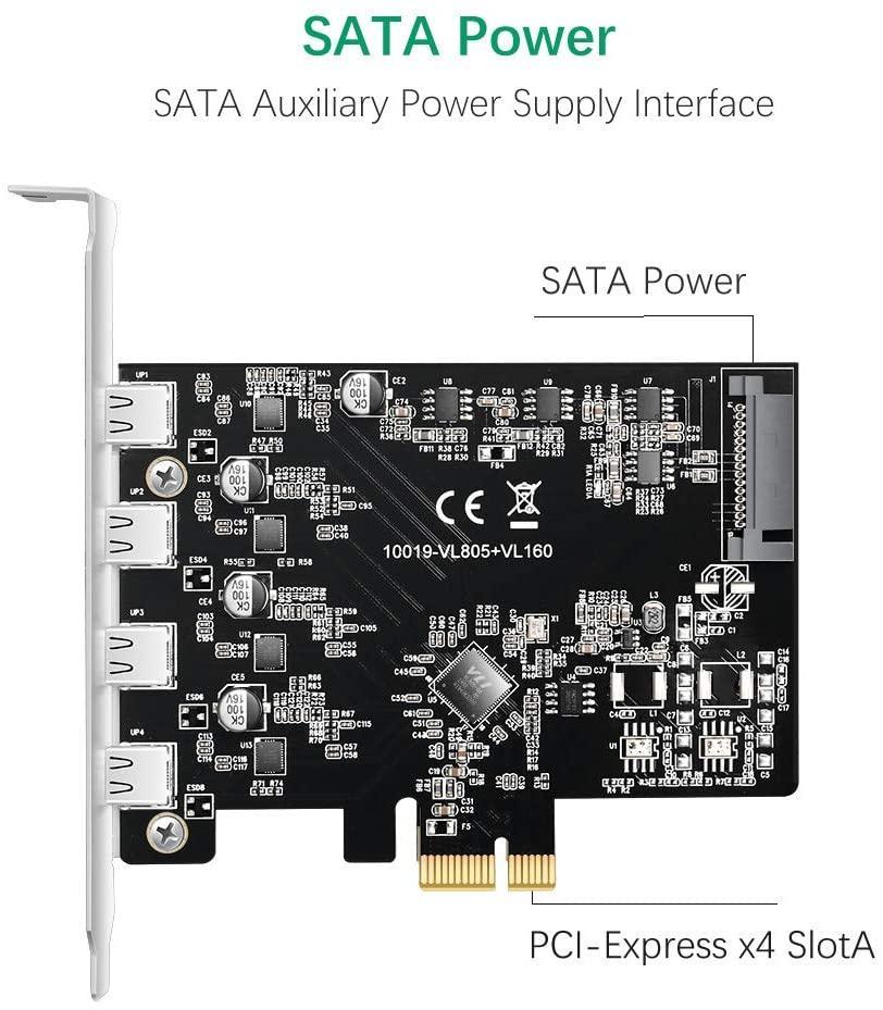 Maiwo KC019 PCI Express x1-kort 4 eksterne USB 3.1 5Gbps type C Rabat