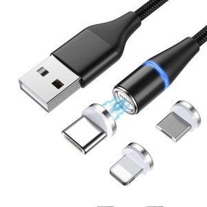 NÖRDIC USB2.0 Magnetisk kabel 3i1 Lightning (Ikke MFI), USB-C Micro USB 1m3A sort Udsalg