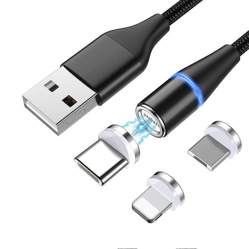 NÖRDIC USB2.0 Magnetisk kabel 3i1 Lightning (Ikke MFI), USB-C Micro USB 1m3A sort Udsalg