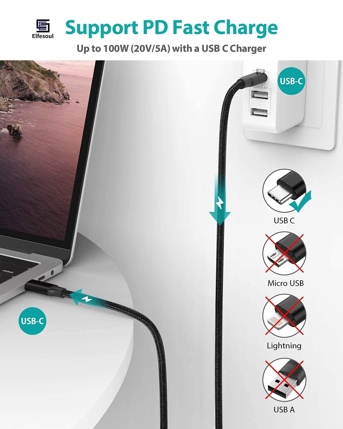 NÖRDIC 2m USB3.2 Gen2 SuperSpeed USB 10Gbps USB-C til C nylonflettet kabel med strømforsyning 100W, 4K60Hz video og Emarker