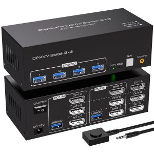 NÖRDIC DisplayPort 1.4 KVM-switch 2 computere 3 skærme 8K60Hz 4K144Hz triple skærm 4 USB 3.0 til 2 PC'er deler 3 skærme