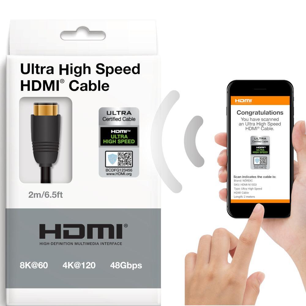 NORDIC CERTIFICEREDE KABLER 2m Ultra High Speed HDMI 2.1 8K 60Hz 4K 120Hz 48Gbps Dynamic HDR eARC VRR Nylon flettet kabel forgyldt