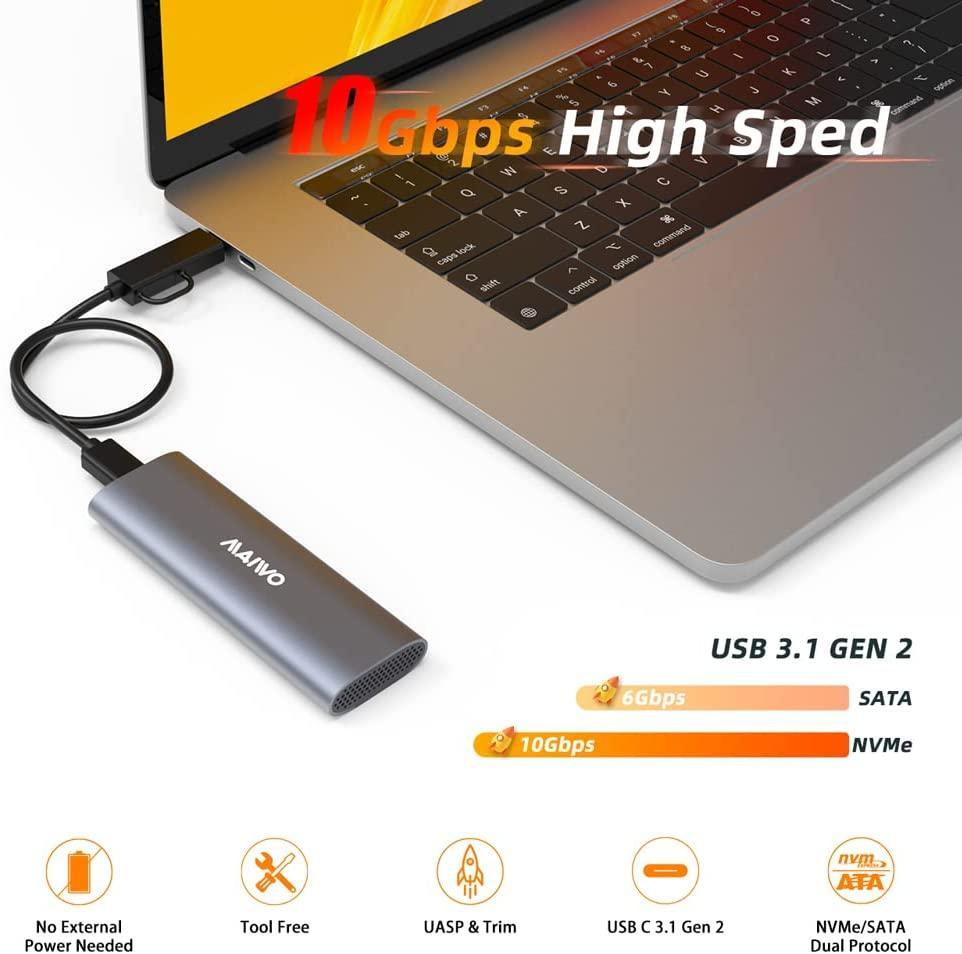 Maiwo K1689 M.2 SATA & NVMe SSD combo til USB3.2 Gen2 10 Gbps eksternt kabinet skrueløst design aluminium Online nu