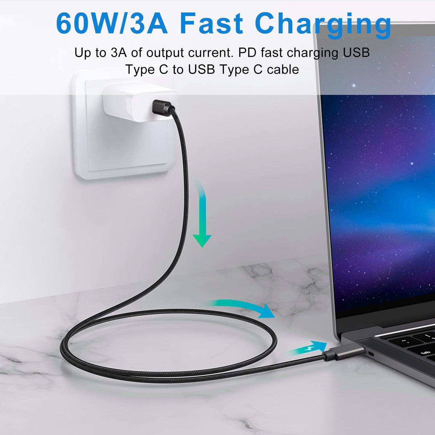 NÖRDIC 1M USB C 3.1 til USB C Nylon Flettet Kabel Hurtig opladning 3A Gen1 5Gbps Power Delivery PD 60W