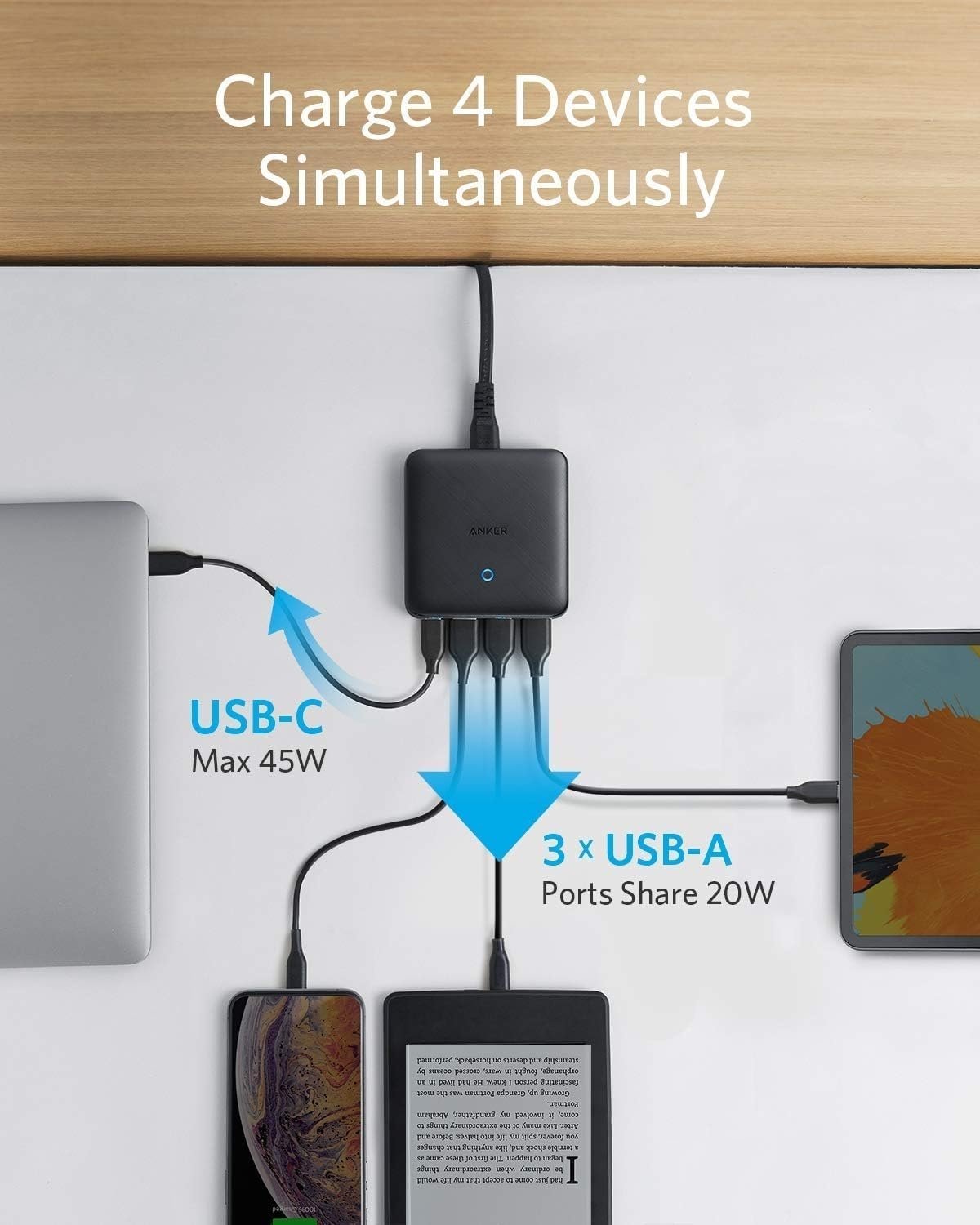 Anker PowerPort Atom III Slim GaN Væglader, 3XUSB-A 1XUSB-C porte 65W maks, 4-porte, PIQ 3.0, til laptops, tablets og smartphones