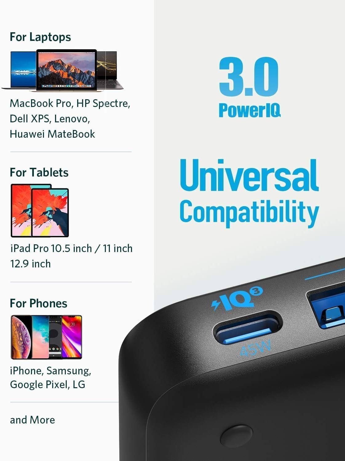 Anker PowerPort Atom III Slim GaN Væglader, 3XUSB-A 1XUSB-C porte 65W maks, 4-porte, PIQ 3.0, til laptops, tablets og smartphones