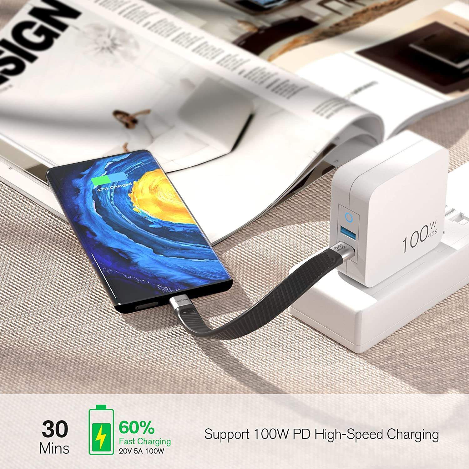 NÖRDIC flad adapter USB3.2 Gen2 USB-C til C 10Gbps 5A 100W Levere