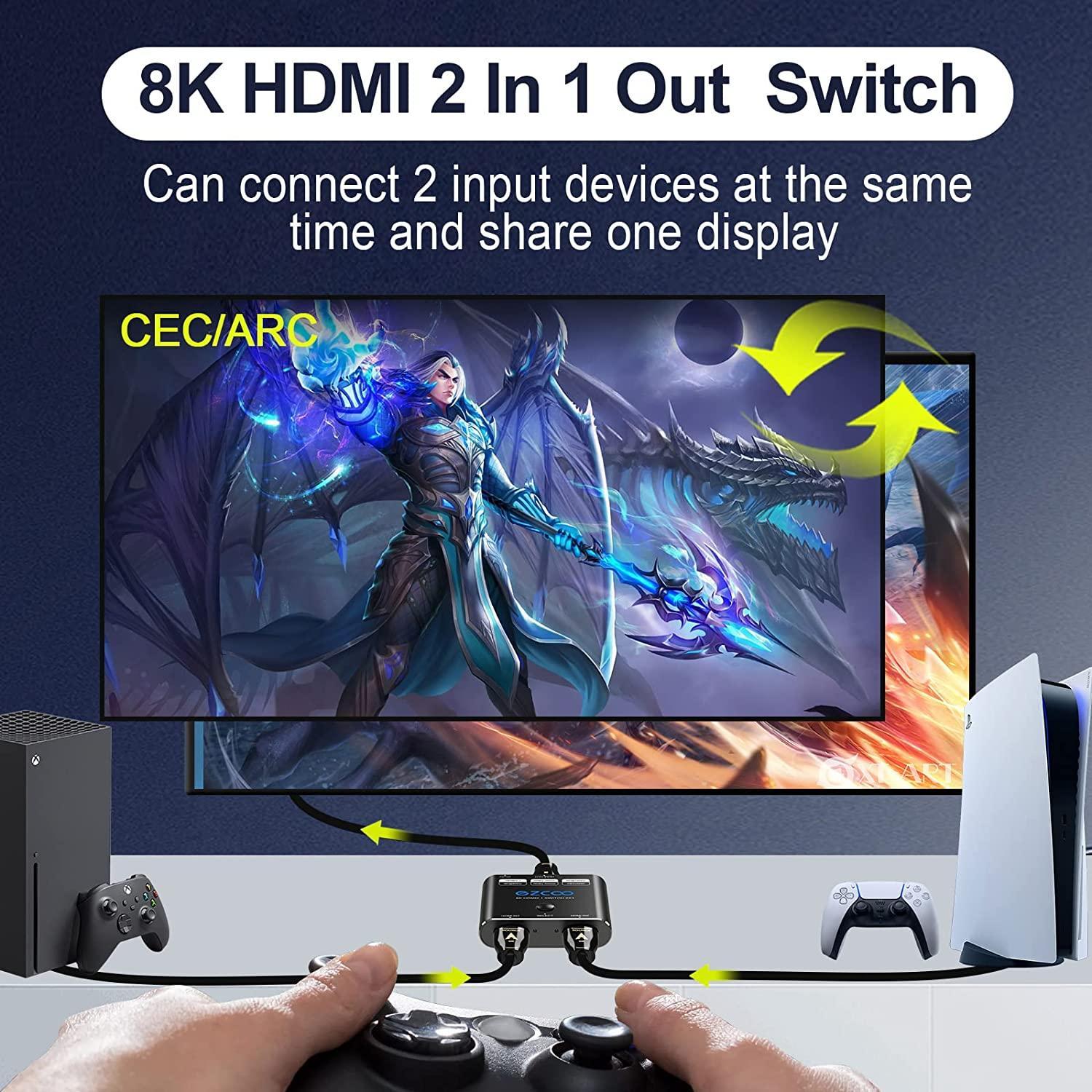 NÖRDIC HDMI switch 2 til 1 8K60Hz 4K120Hz 48Gbps HDR HDCP2.3 Surround 7.1 CEC Online nu