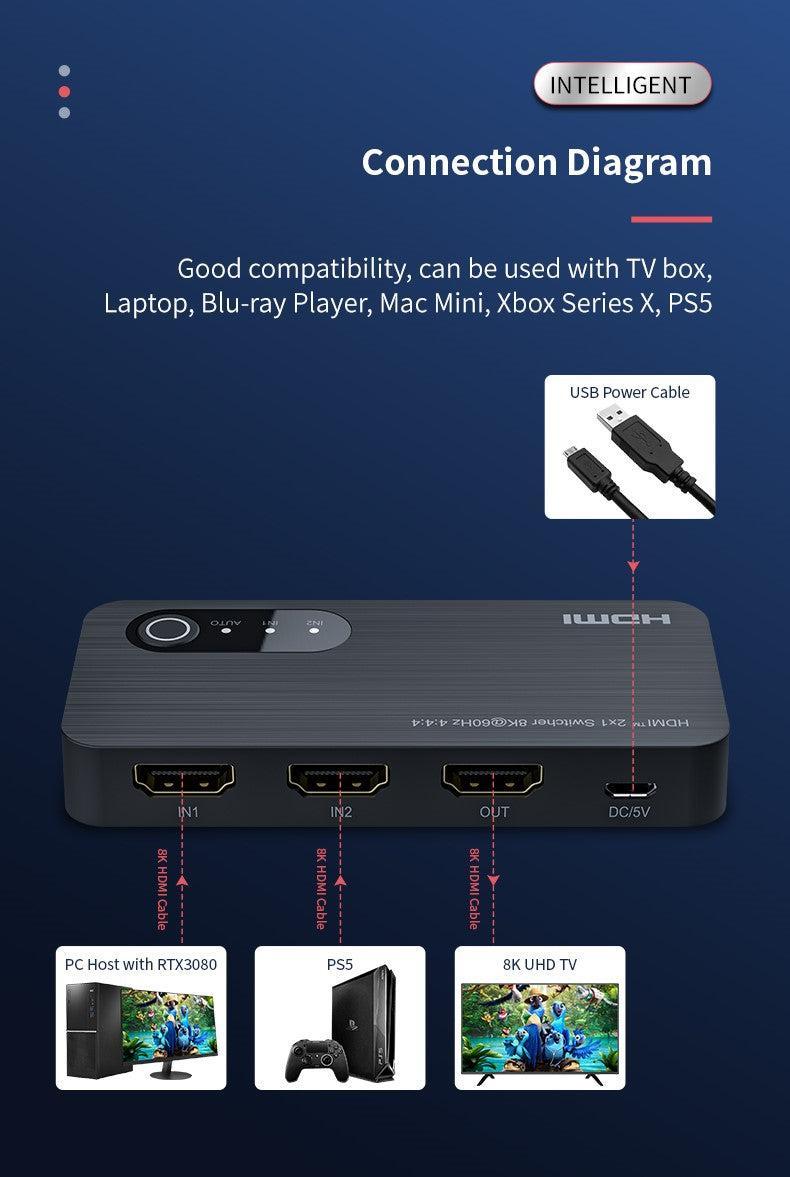 NÖRDIC HDMI switch 2 til 1 8K60Hz 4K120Hz 48Gbps HDR HDCP2.3 Surround 7.1 CEC Online nu