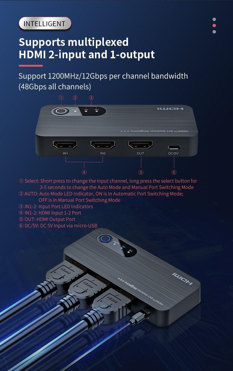 NÖRDIC HDMI switch 2 til 1 8K60Hz 4K120Hz 48Gbps HDR HDCP2.3 Surround 7.1 CEC Online nu