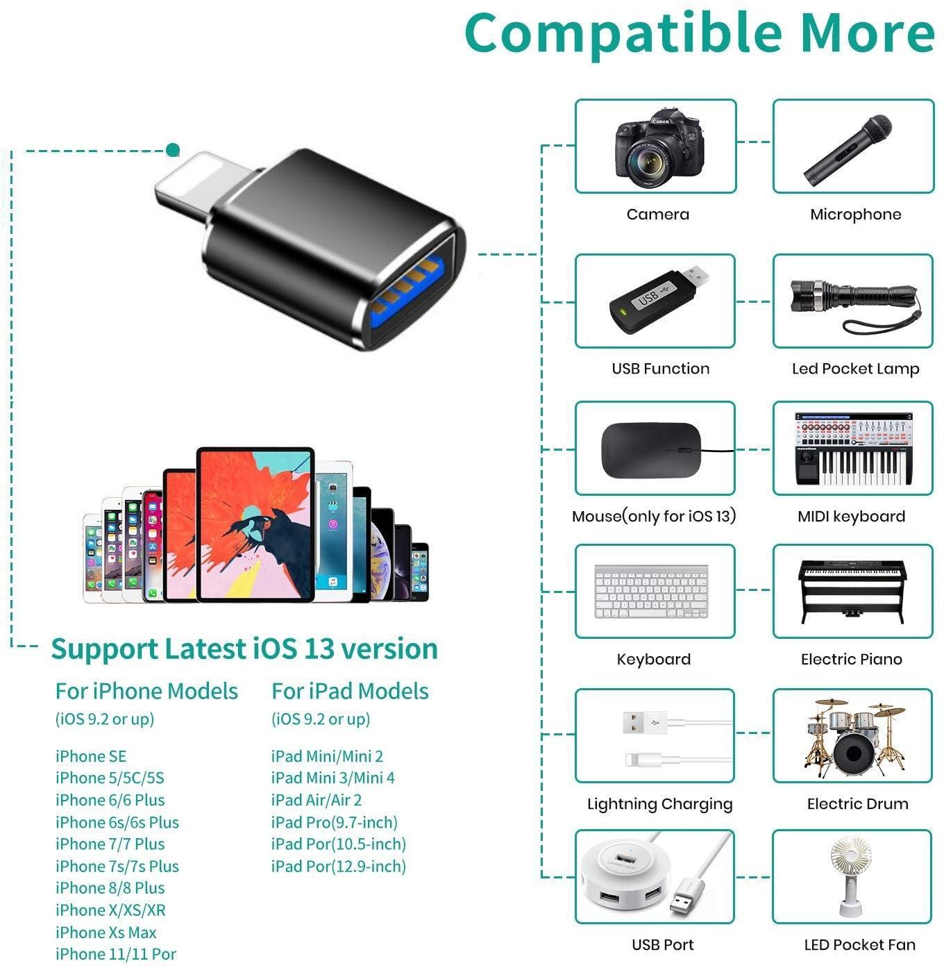 NÖRDIC USB3.0 OTG til Lightning Adapter (Ikke-MFI'er) sort støtte til iOS tilslutte USB-enheder til iPhone og iPad Rabat