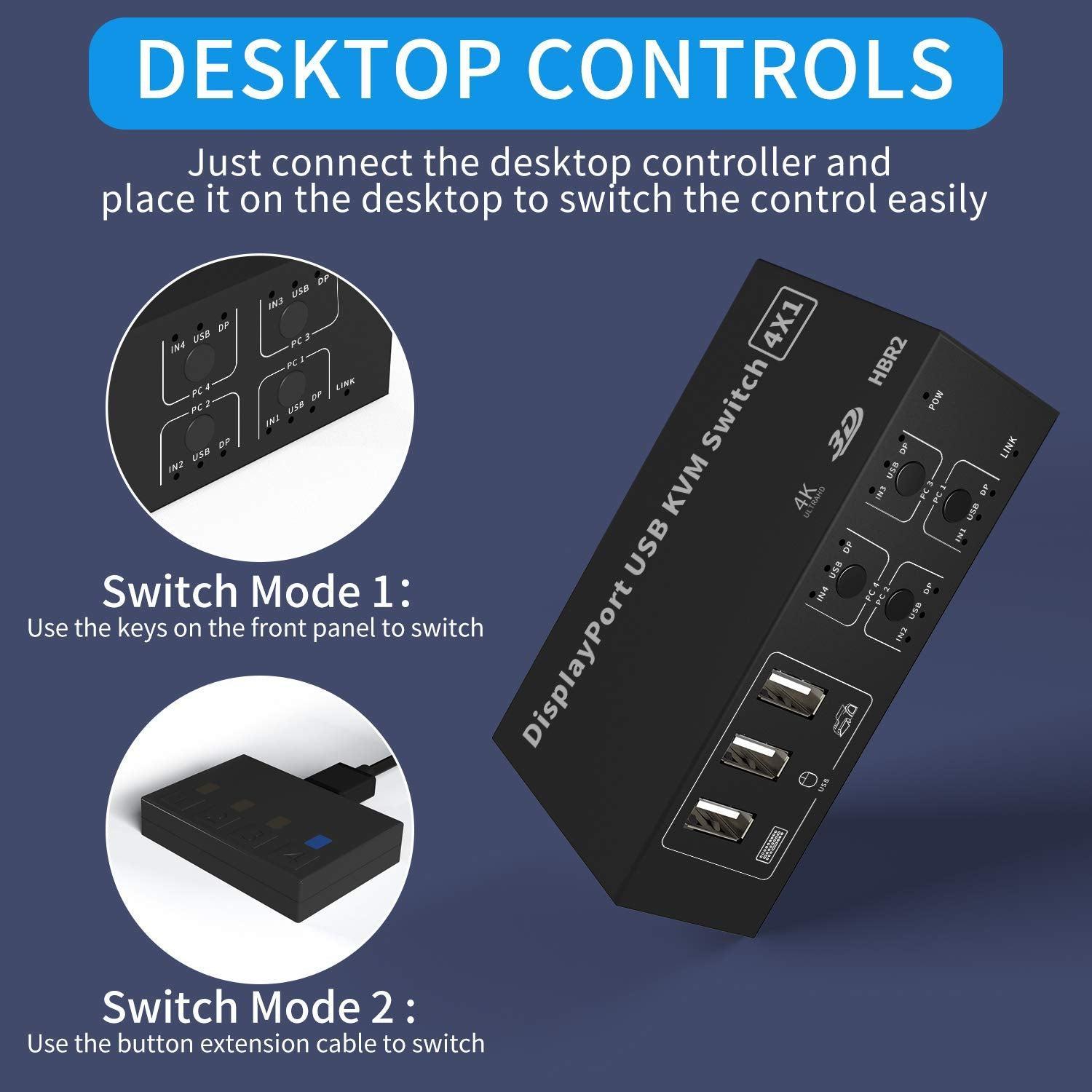 NÖRDIC KVM Switch 4 PC til 1 DisplayPort 1.2 4K 60Hz og 4x USB HDCP 2.2 Online