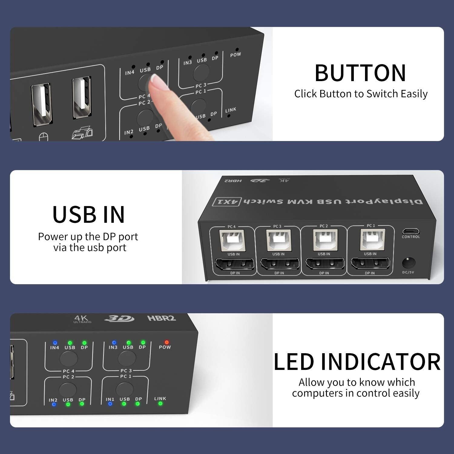 NÖRDIC KVM Switch 4 PC til 1 DisplayPort 1.2 4K 60Hz og 4x USB HDCP 2.2 Online