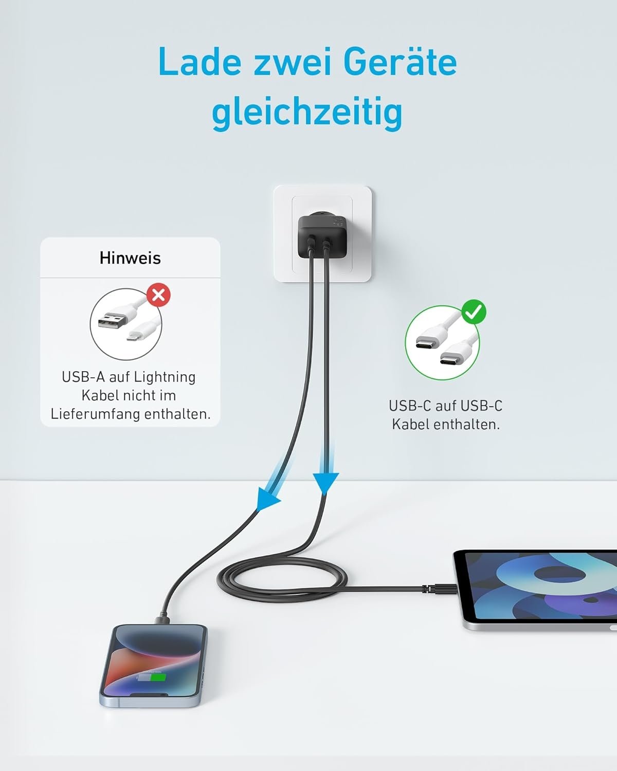 ANKER USB-C-oplader 2 porte 1xUSB-C 1xUSB-A 20W Hurtigopladning med 150 cm USB-kabel