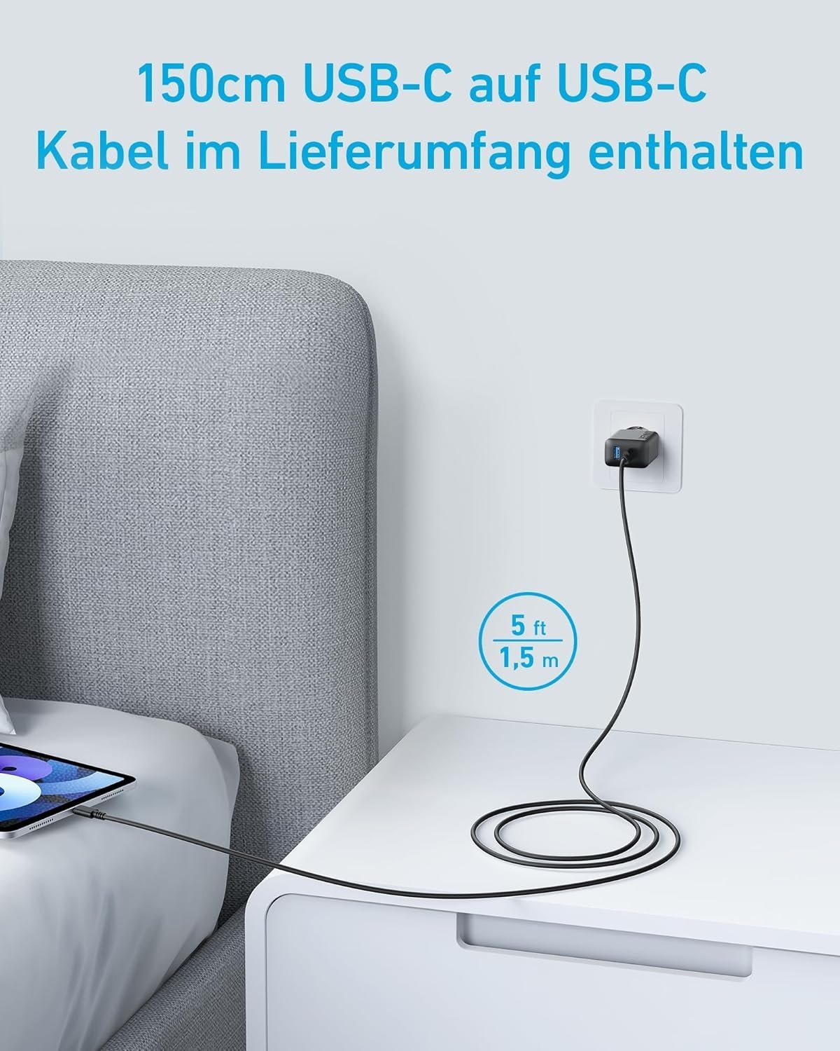 ANKER USB-C-oplader 2 porte 1xUSB-C 1xUSB-A 20W Hurtigopladning med 150 cm USB-kabel