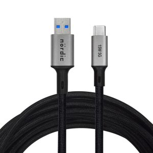 NÖRDIC 5m USB3.2 Gen1 USB-C til A nylonflettet kabel hurtig opladning 3A 5Gbps Strømforsyning PD 60W grå Online salg