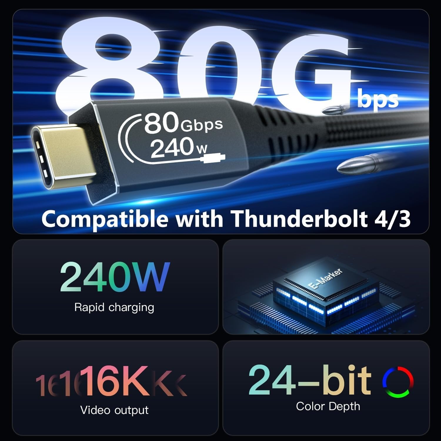 NÖRDIC 25cm Thunderbolt 5 kabel 80Gbps dataoverførsel 240W opladning 120Gbps båndbredde 16K60Hz 8K60Hz 4K540Hz
