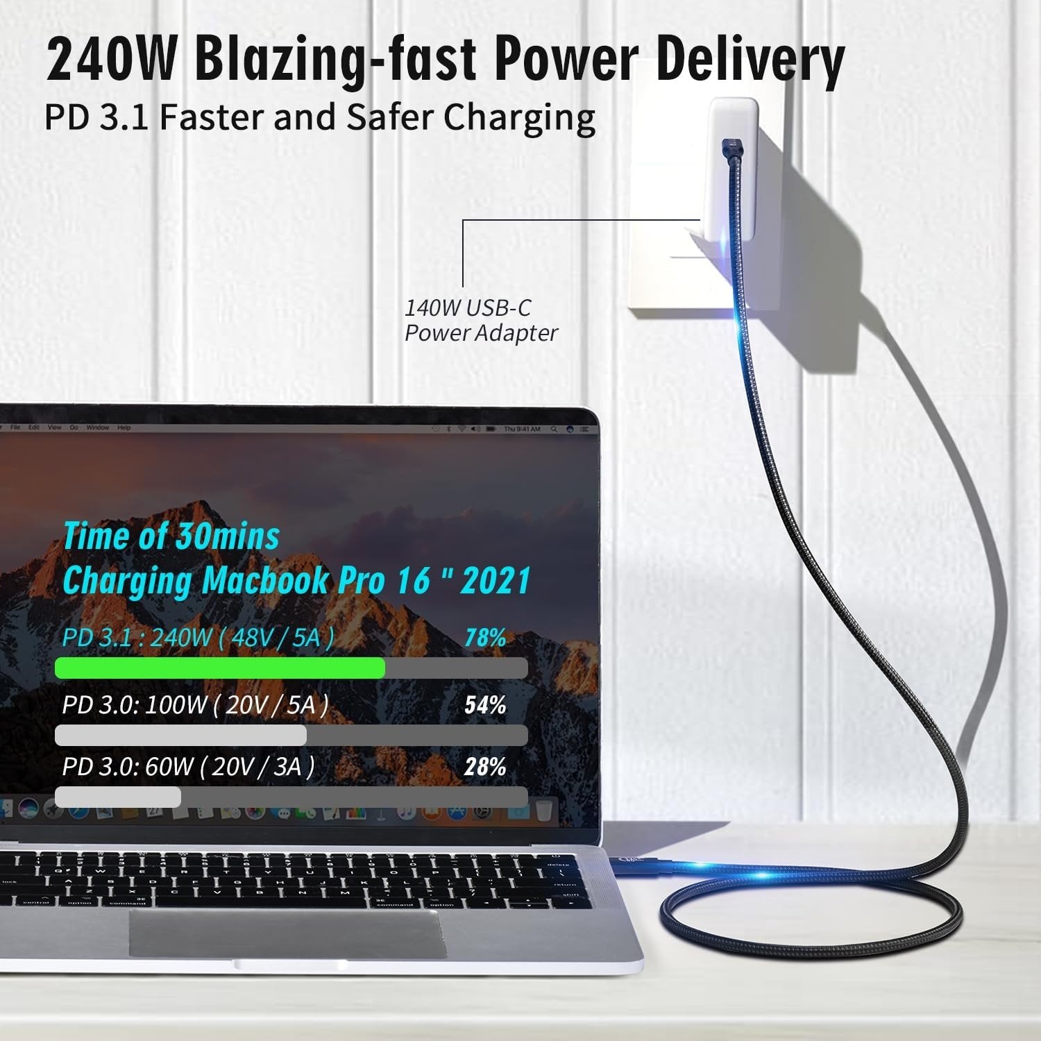 NÖRDIC 25cm Thunderbolt 5 kabel 80Gbps dataoverførsel 240W opladning 120Gbps båndbredde 16K60Hz 8K60Hz 4K540Hz