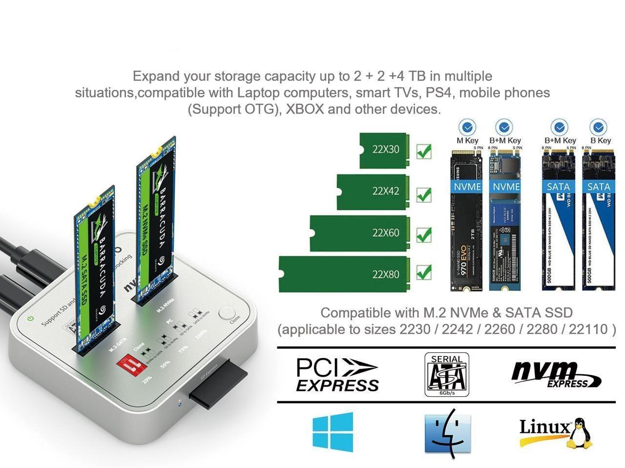 Maiwo K3016CL dockingstation til disk kloning SATA og NVMe SSD 1: 1 10 Gbps M-Key og Key B + M SD Express-kortlæser på udsalg