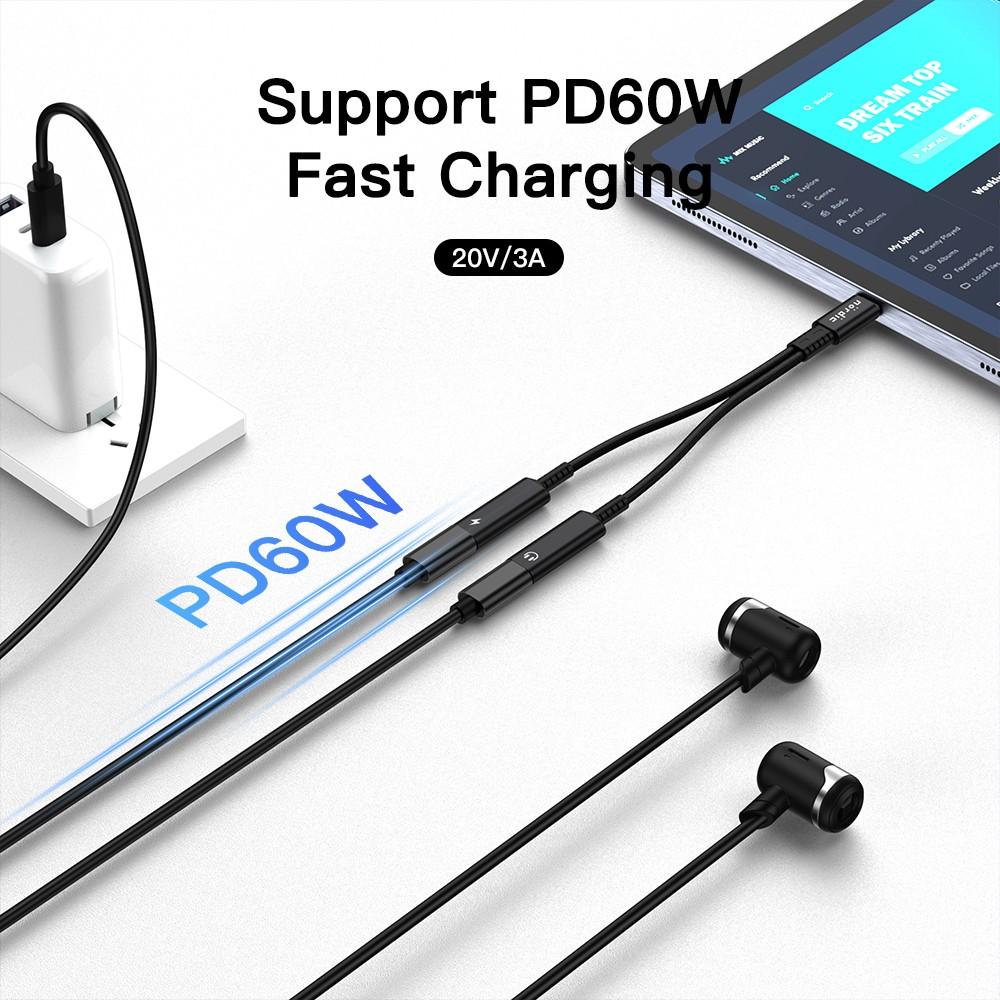 NÖRDIC 1 til 2 USB-C til 2xUSB-C hovedtelefonadapter med 60W opladning Rabat