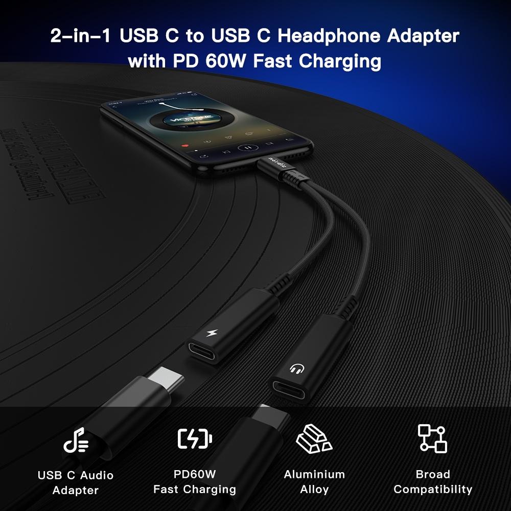 NÖRDIC 1 til 2 USB-C til 2xUSB-C hovedtelefonadapter med 60W opladning Rabat
