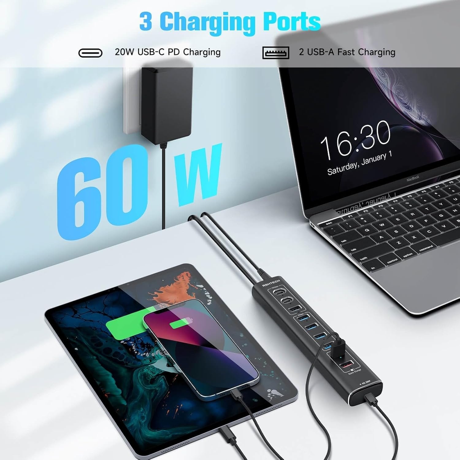 NÖRDIC Powered 10-ports USB-C & A Hub, 3x10G USB-A og USB-C USB3.2 GEN2, 4x5G USB-A USB3.2 GEN1, 1xUSB-C 20W PD, 2xUSB-A opladning med individuel switch