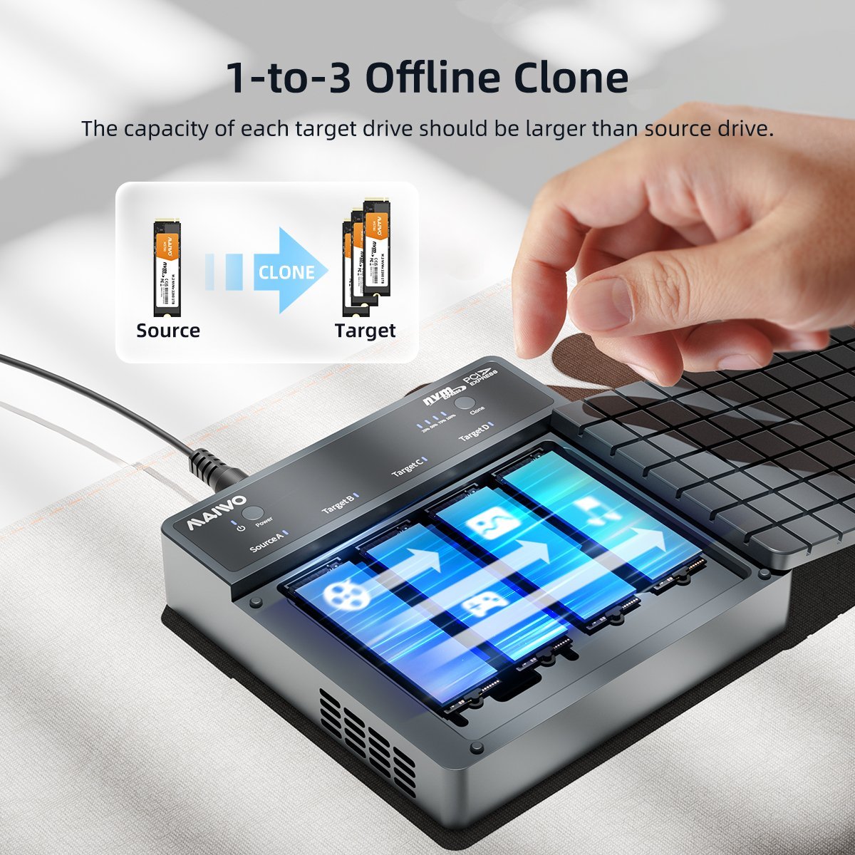 Maiwo 4-slot M.2 NVMe SSD dockingstation med kloningsfunktion, USB 4.0 Type-C 40Gbps