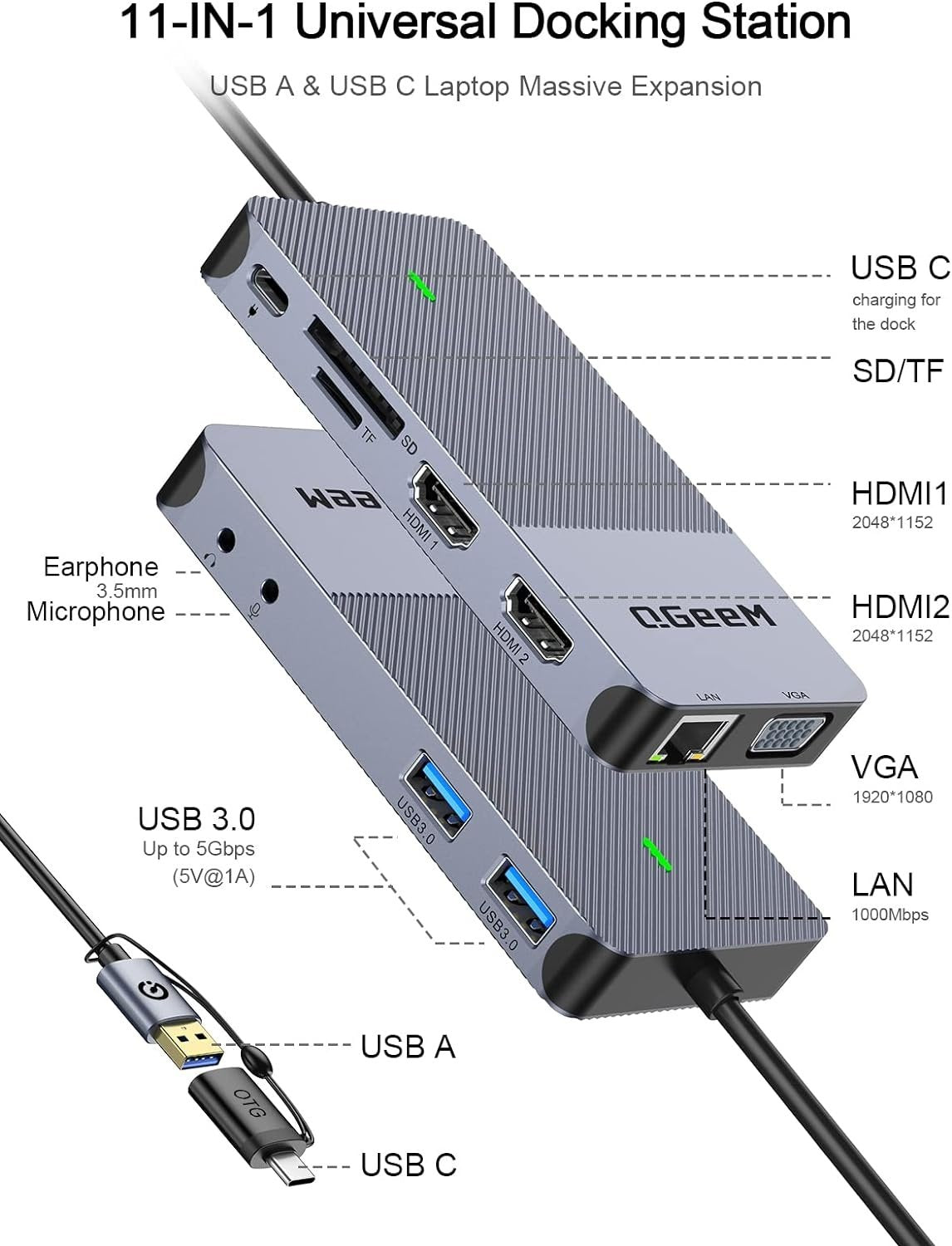NÖRDIC 1 til 10 USB-A & C DisplayLink-dockingstation 2xHDMI, 1xVGA, 2xUSB3.0, 1xRJ45, 2xSD/TF, 2x3,5 mm Mode