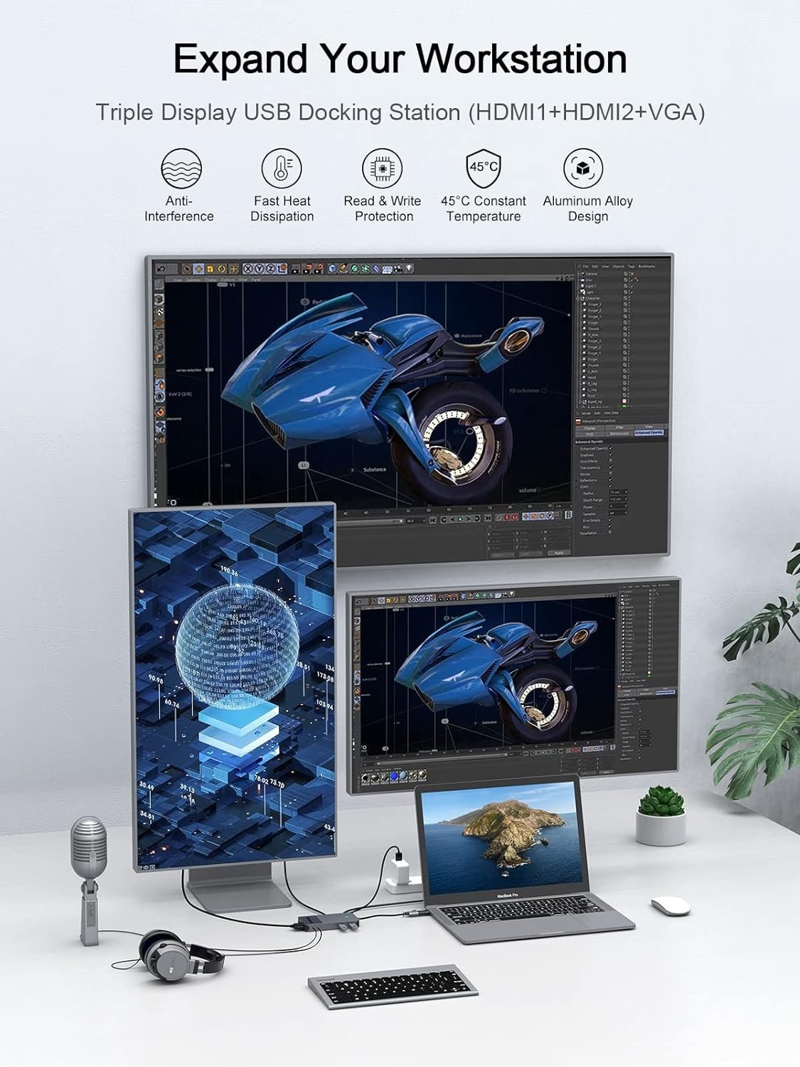 NÖRDIC 1 til 10 USB-A & C DisplayLink-dockingstation 2xHDMI, 1xVGA, 2xUSB3.0, 1xRJ45, 2xSD/TF, 2x3,5 mm Mode