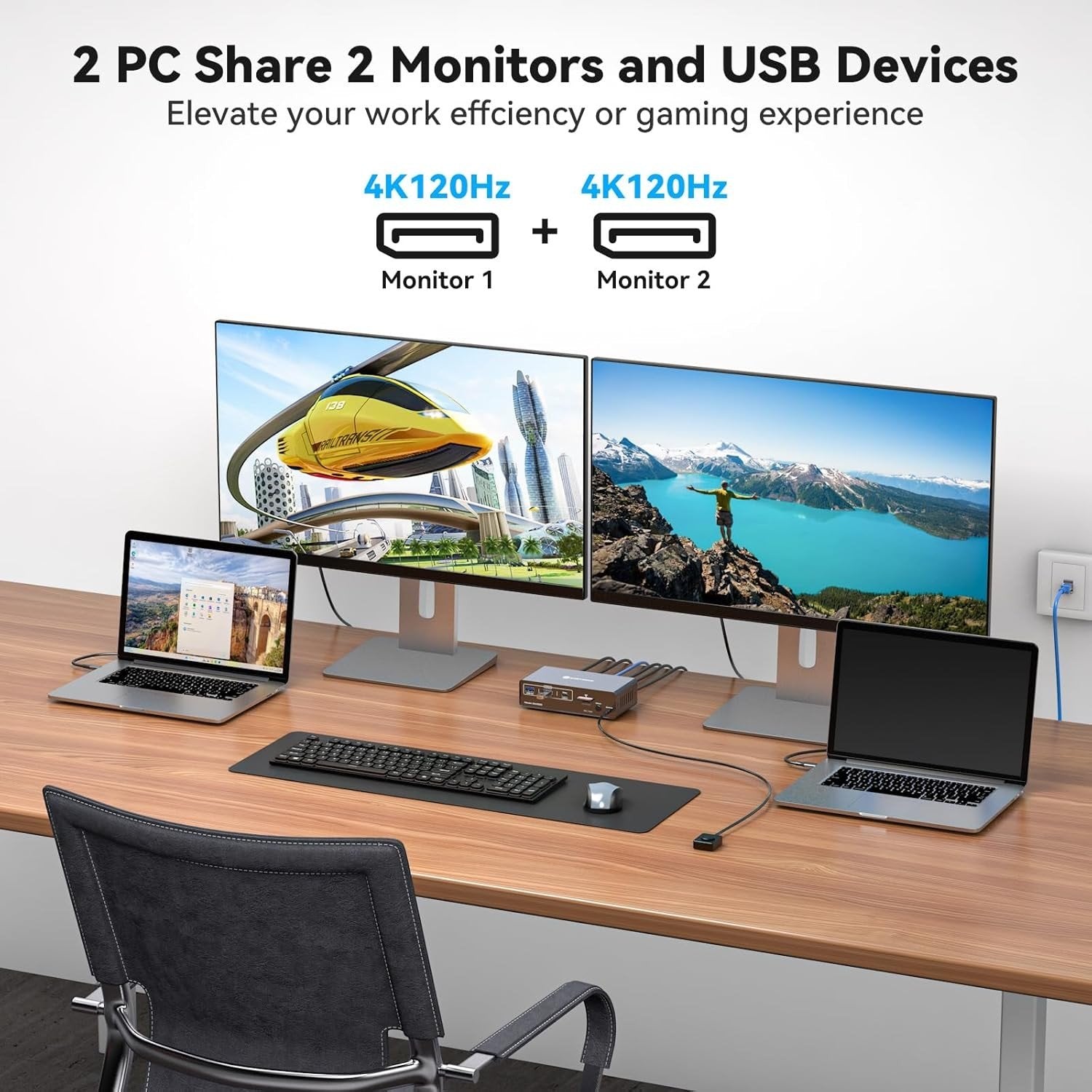 NÖRDIC USB-C Dockingstation med KVM-switch 2 PC 2 skærme 4K120Hz DP Gigabit Ethernet, kortlæser, 4xUSB-A og USB-C